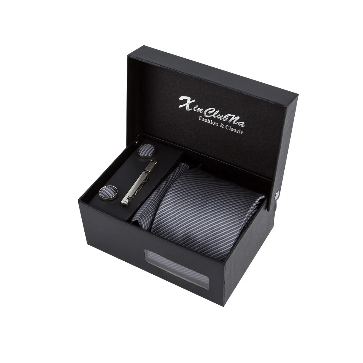 Ensemble de Cravate Formelle d'Affaires pour Hommes Cravate Rayée Avec Pochette Boutons de Manchette et Pince à Cravate Boîte Cadeau