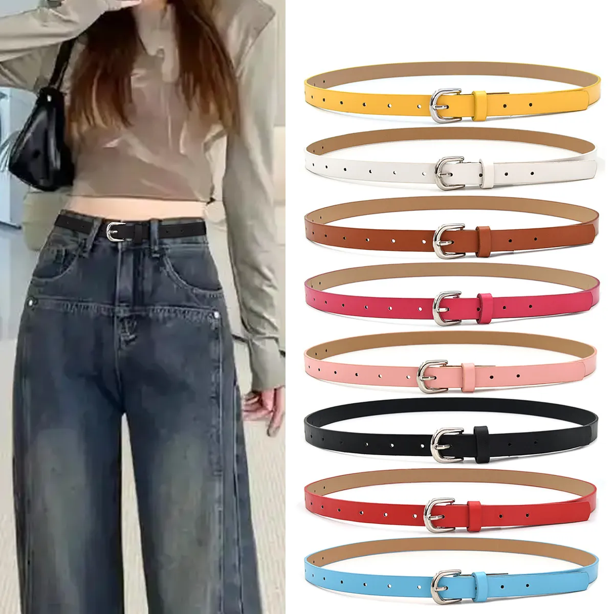 Women Fashion Versatile PU Leather Skinny Belt Minimalist Solid Color Decorative Waist Belt For Jeans Casual Daily