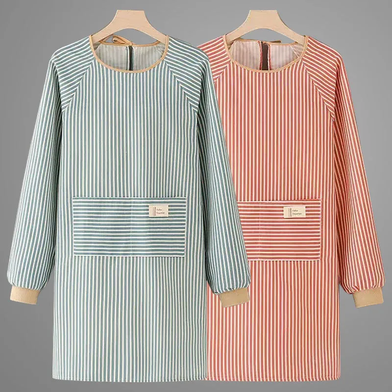 Cotton Linen Long Sleeve Apron Kitchen Anti-Oil Smock Striped Workwear with Pockets Adult Cooking Chef Apron