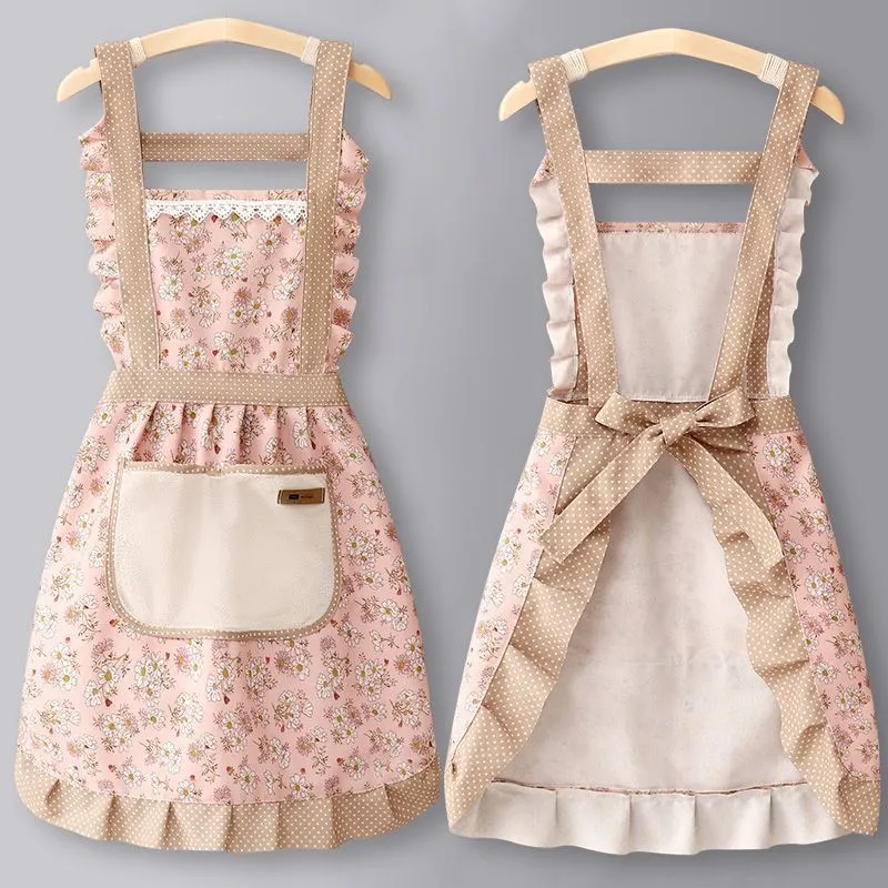 Women's Kitchen Cooking Apron Cute Floral Ruffle Bib Apron Cotton Blend Anti-Fouling Cooking Baking Apron with Pocket Home Chef