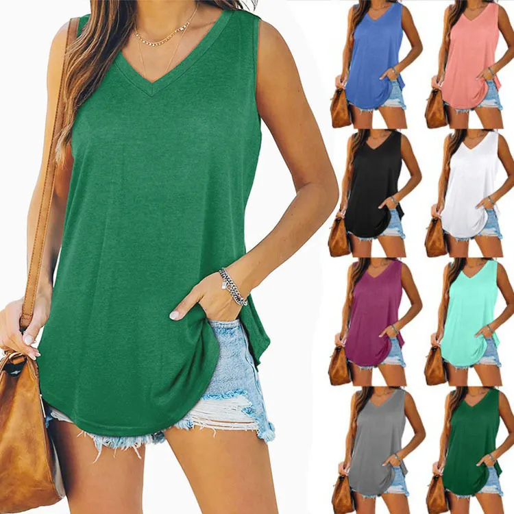 Women's V-Neck Sleeveless Swallowtail T-Shirt Casual Mid-Length Loose Cotton Vest Solid Color Summer Top Streetwear Apparel