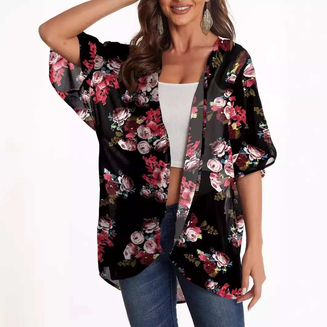 Women Floral Printed Polyester Chiffon Kimono Cardigan Open Front Sunscreen Blouse Loose Half Sleeve Casual Summer Beach Cover Up Top