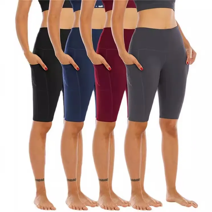 Women High Waist Pocket Athletic Yoga Shorts Fitness Running Sports Gym Leggings Solid Color Polyester Workout Pants