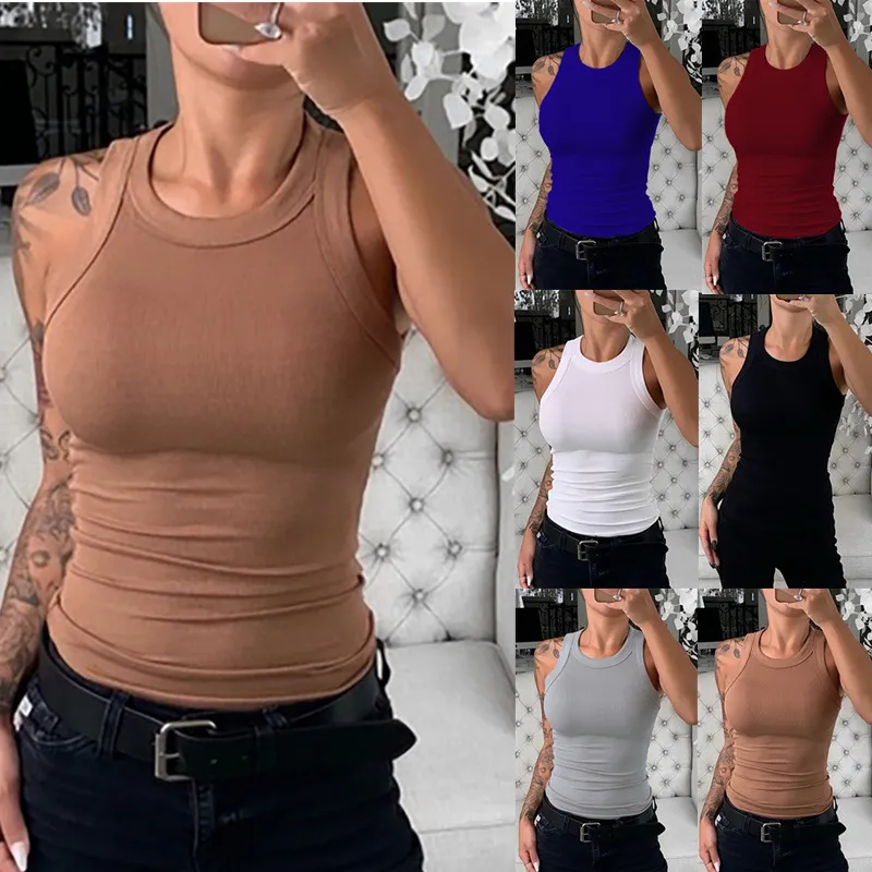 Canotta da Donna in Misto Cotone Casual Tinta Unita Maglia a Costole Senza Maniche Slim Fit Basic Estiva Girocollo