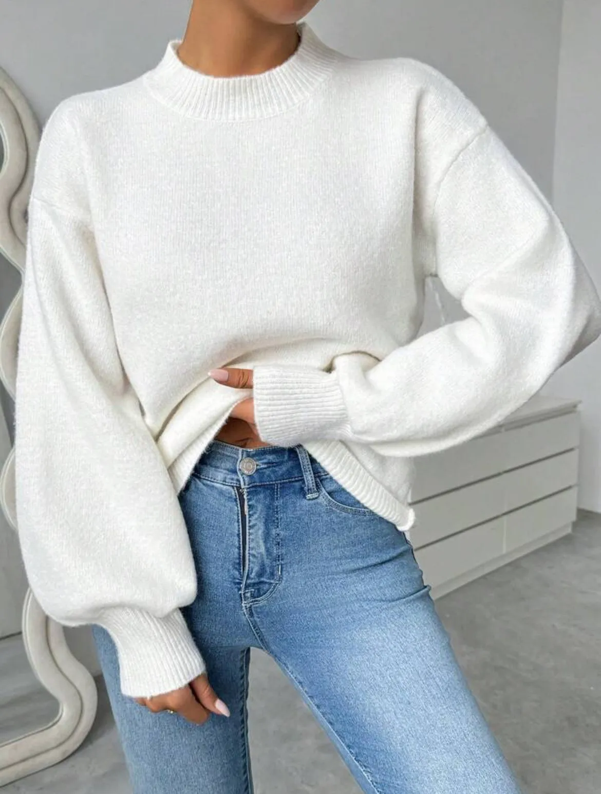 Dames Casual Effen Kleur Halfhoge Hals Lange Mouw Trui Herfst Winter Basis Gebreide Tops