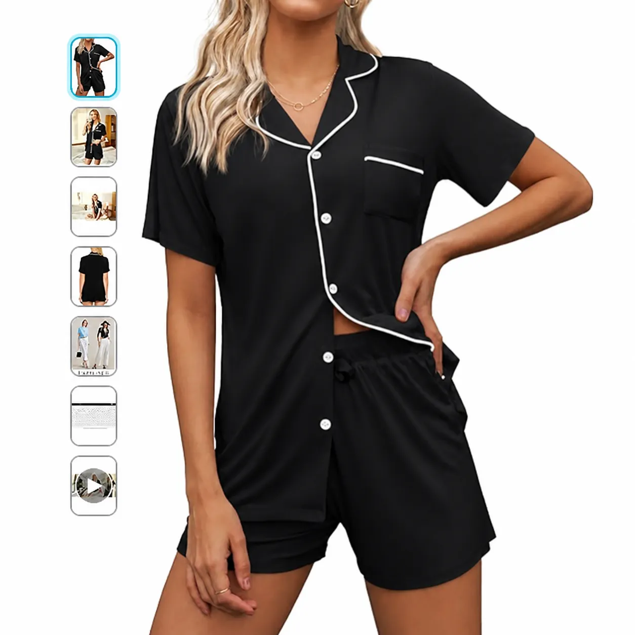 Ensemble Pyjama en Soie Satin pour Femmes Col V Manches Courtes Boutonné Vêtements de Nuit Loungewear Haut et Short