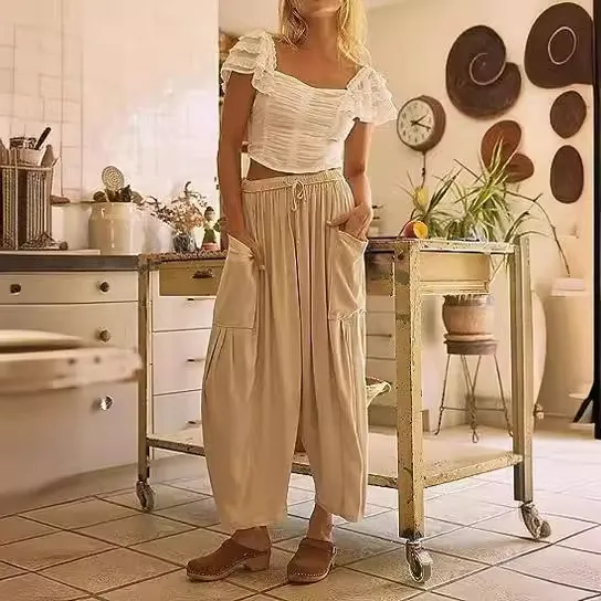 Pantalon Sarouel Décontracté en Mélange Coton-Lin pour Femmes Taille Moyenne Coupe Ample Couleur Unie Poches Pantalon 7/8