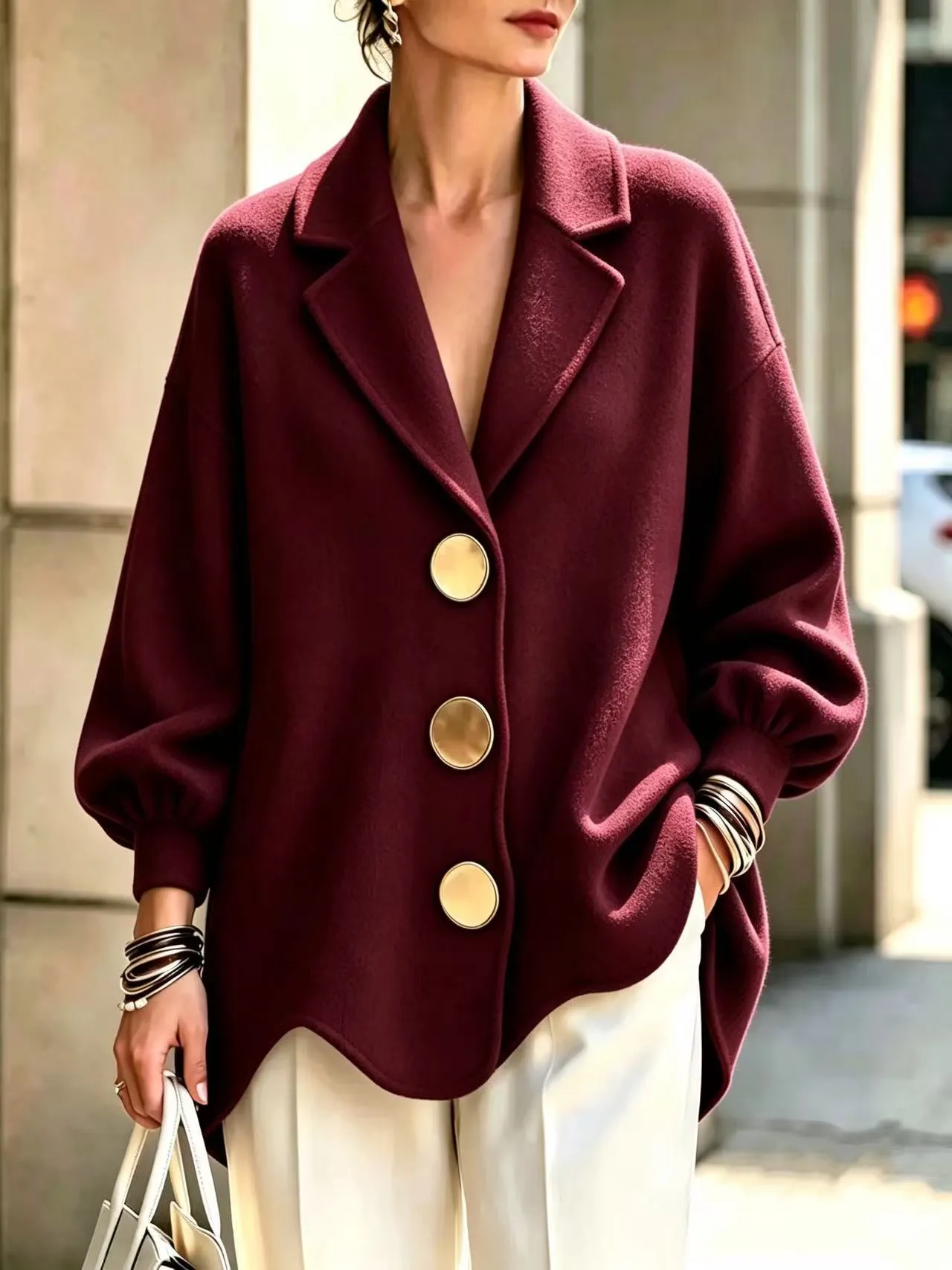 Women Fashion Polyester Commuting Top Solid Color Loose Fit Jacket With Large Metal Buttons Lantern Sleeve V-Neck Autumn Winter Outerwear