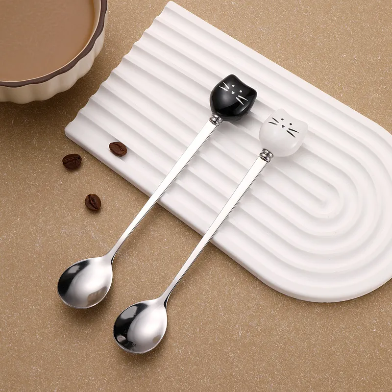 Creative Stainless Steel Long Handle Coffee Spoon Ceramic Cartoon Cat Dessert Spoon Cute Stirring Teaspoon For Kids Adults Kitchen Dinnerware