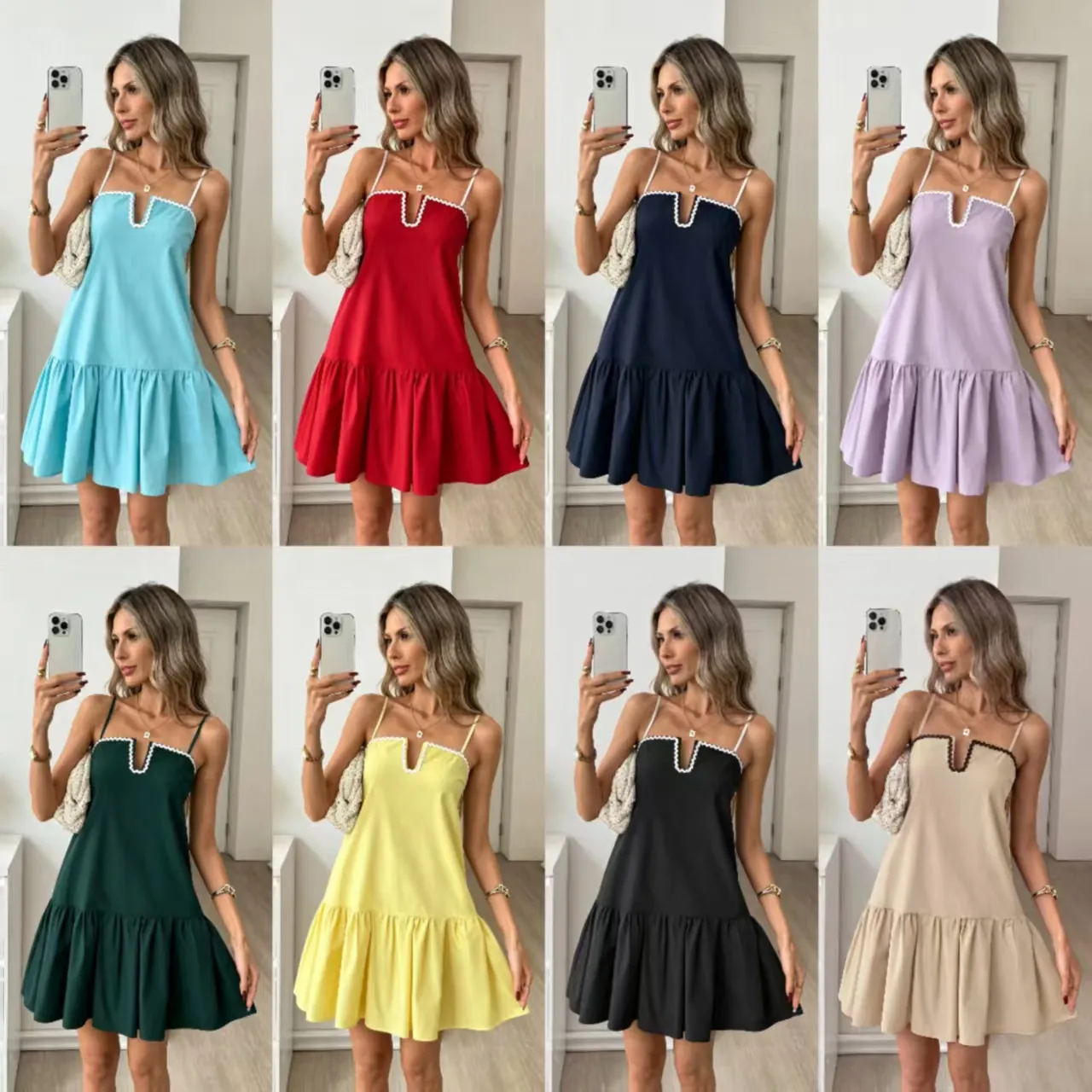 Women Elegant Spaghetti Strap Tiered Midi Dress V Neck Ruffle Patchwork Summer Casual Sleeveless Solid Color Sundress With Pockets
