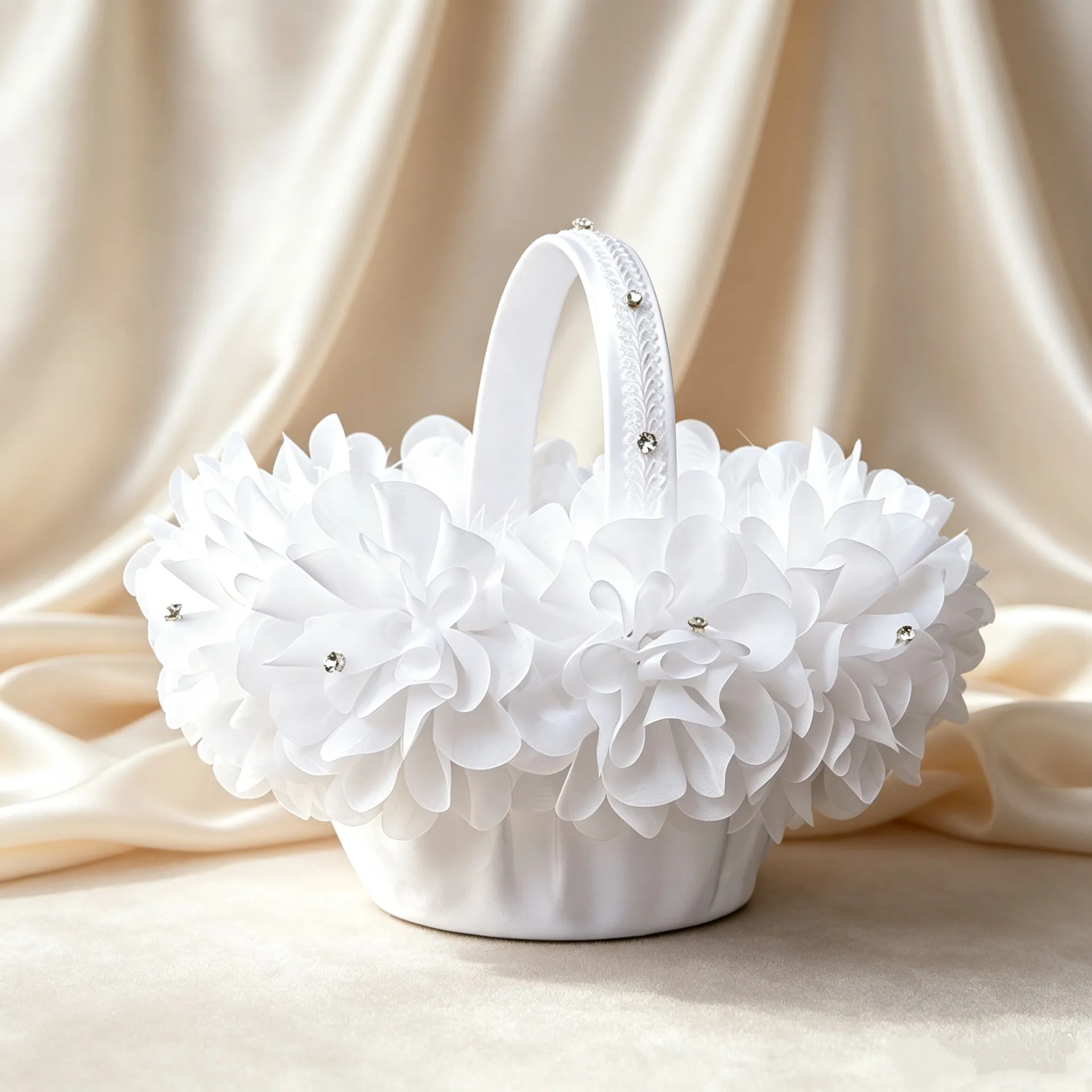 Western Wedding Flower Girl Basket White Lace Rhinestone Flower Handbag Wedding Prop Bride Flower Petal Basket