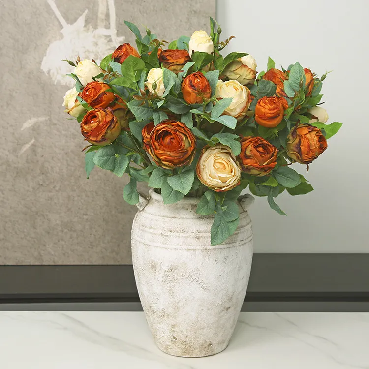 European Retro Single Branch Artificial Rose Flower 3 Heads Fringed Rose Silk Flower Home Living Room Table Decor Fake Flower