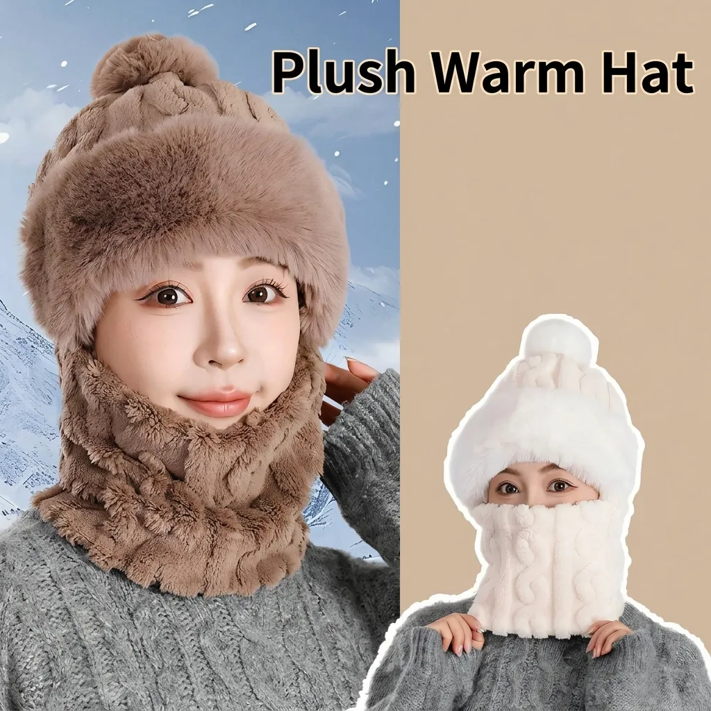 Bonnet Pull-over Thermique d'Hiver pour Femme Écharpe Intégrée Coupe-vent Protection Oreilles Casquette Épaissie Doublée Polaire Doux Chaud Tricot Plein Air avec Pompon