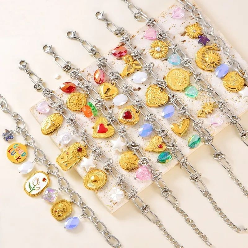 Mode Edelstahl Zweifarbige Charm-Armband Für Damen Gold Silber Plattiert Herz Sonne Mond Anhänger Schmuck Täglich Pendeln Armband