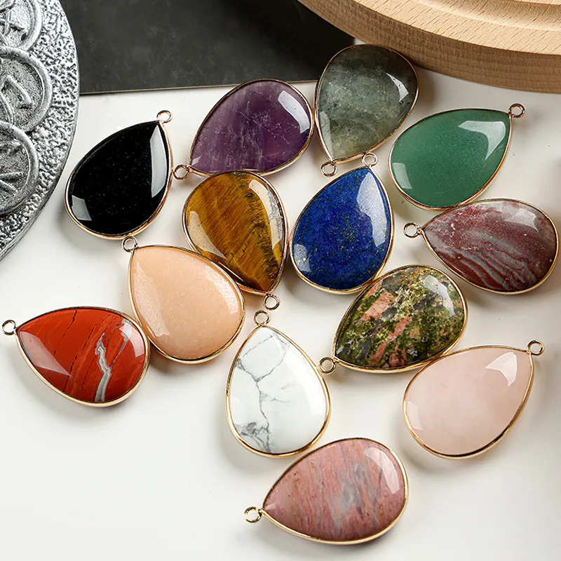 Natural Stone Teardrop Pendant Gold-Plated Edge Gemstone Agate Turquoise Sweater Chain Necklace DIY Jewelry Accessory