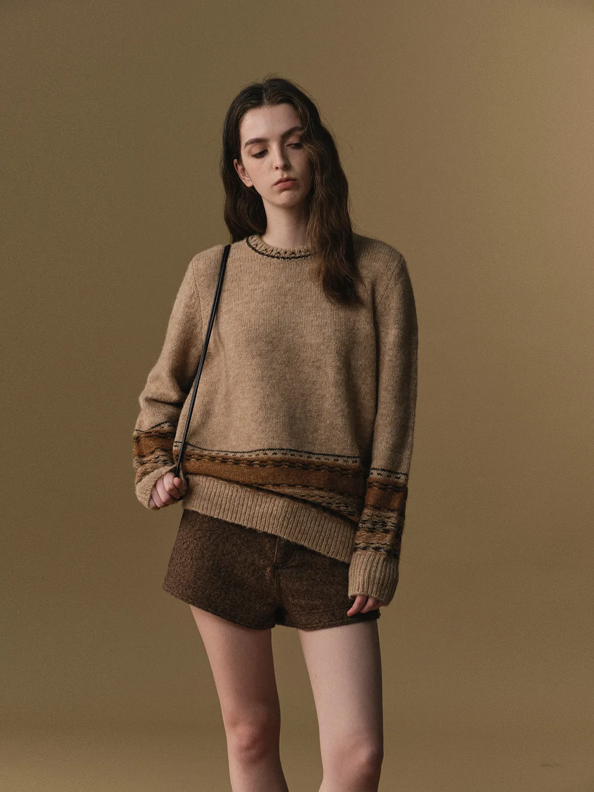 Fair Isle Thick Sweater Set With Knit Hat Women Oversized Lazy Knitted Pullover Winter Casual Polyester Nylon Wool Top
