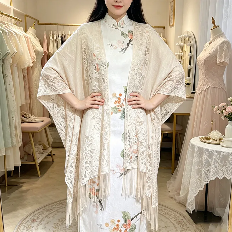 Women Fashion Hollow Lace Shawl Elegant Long Open Front Cardigan Scarf Lightweight Summer Beach Wrap Cape Outerwear