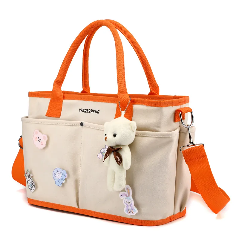 Large Capacity Waterproof Diaper Bag Multifunctional Travel Baby Stroller Backpack Handbag Tote Bag with Cute Bear Pendant for Mom