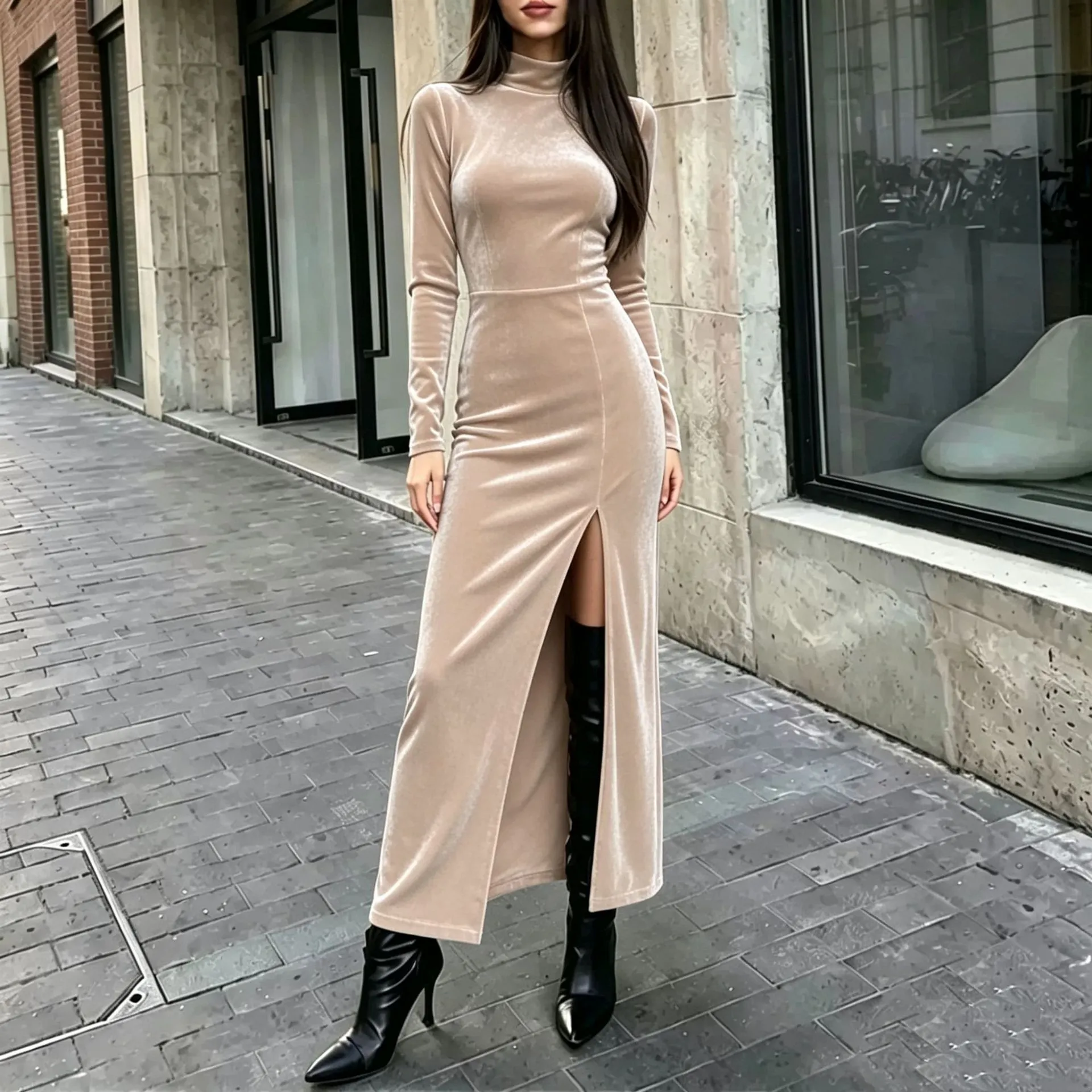 Vestido Maxi Ajustado de Manga Larga con Cuello Alto para Mujer Elegante Corte Slim Apertura Alta Color Sólido Terciopelo Coreano Vestido Largo de Fiesta