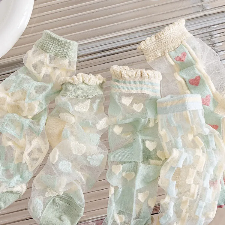 Chaussettes Mi-Mollet Japonaises en Soie de Verre pour Femmes Été Minces Respirantes Dentelle Volant Cœur Nuage