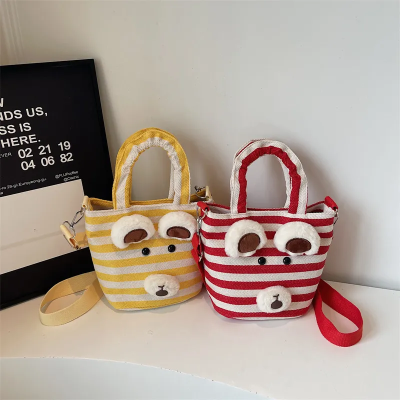 Autumn Winter Women Korean Style Striped Canvas Tote Bag Casual Crossbody Shoulder Bag With Cute Plush Bear