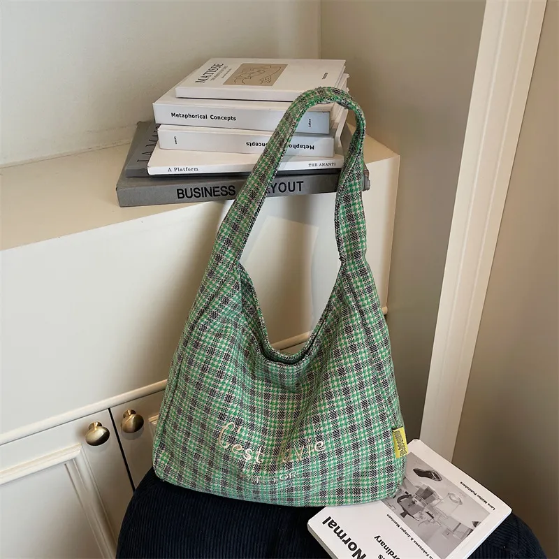 Retro Plaid Woolen Fabric Underarm Bag Casual Large Capacity Shoulder Bag Tote Bag Daily Commuting Women Bag