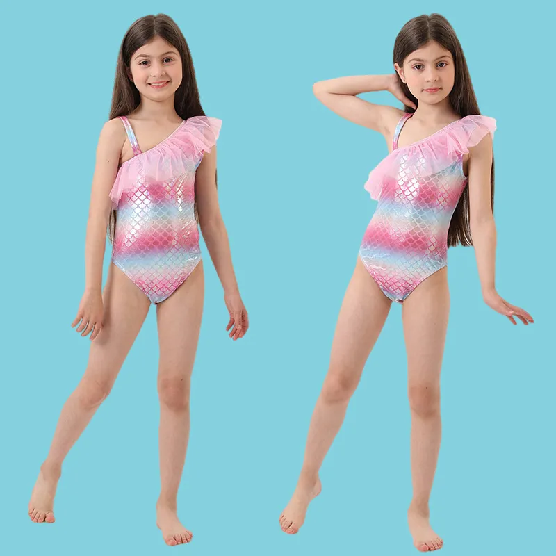 Girls One Piece Swimsuit Rainbow Fish Scale Sequin Ruffle One Shoulder Princess Swimwear Kids Bathing Suit Dance Dress