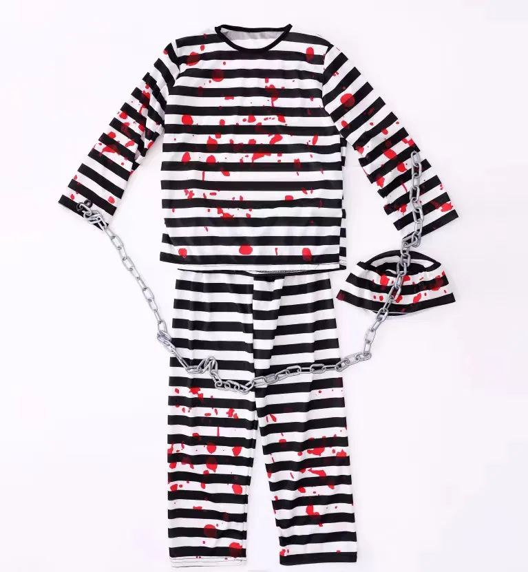 Halloween Cosplay Prisoner Costume Black And White Striped Top And Bottom Hat Set For Party Carnival Role Play Event