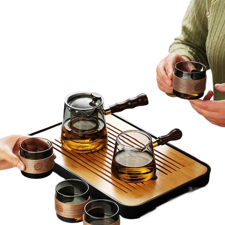 Hitzebeständiges Kung Fu Teeset aus Borosilikatglas mit Holzgriff Büro Wohnzimmer Teebereiter Teekanne und Tassen