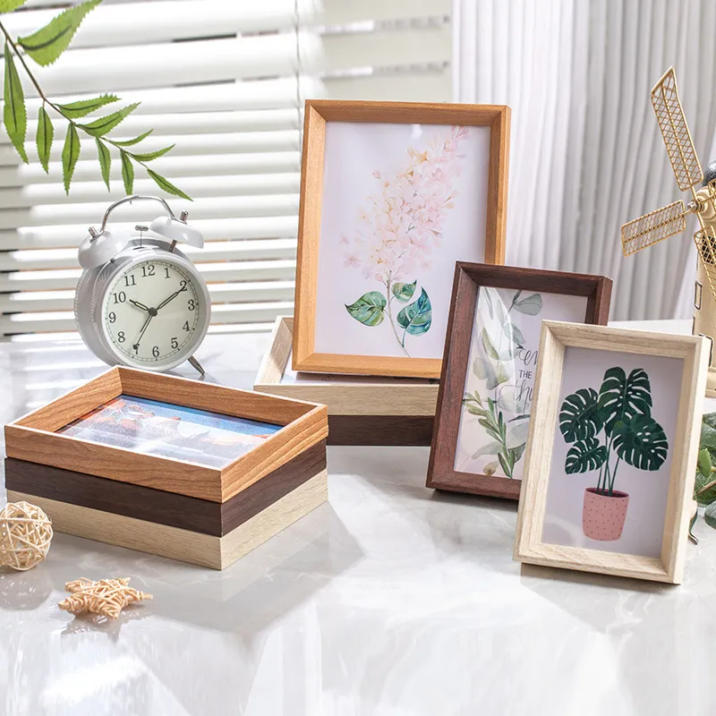 Neu Chinesisch Abgeschrägter Holzfotorahmen Minimalistisch Rechteckig Schreibtischständer Wandbehang Bilderrahmen Wohnzimmer Deko