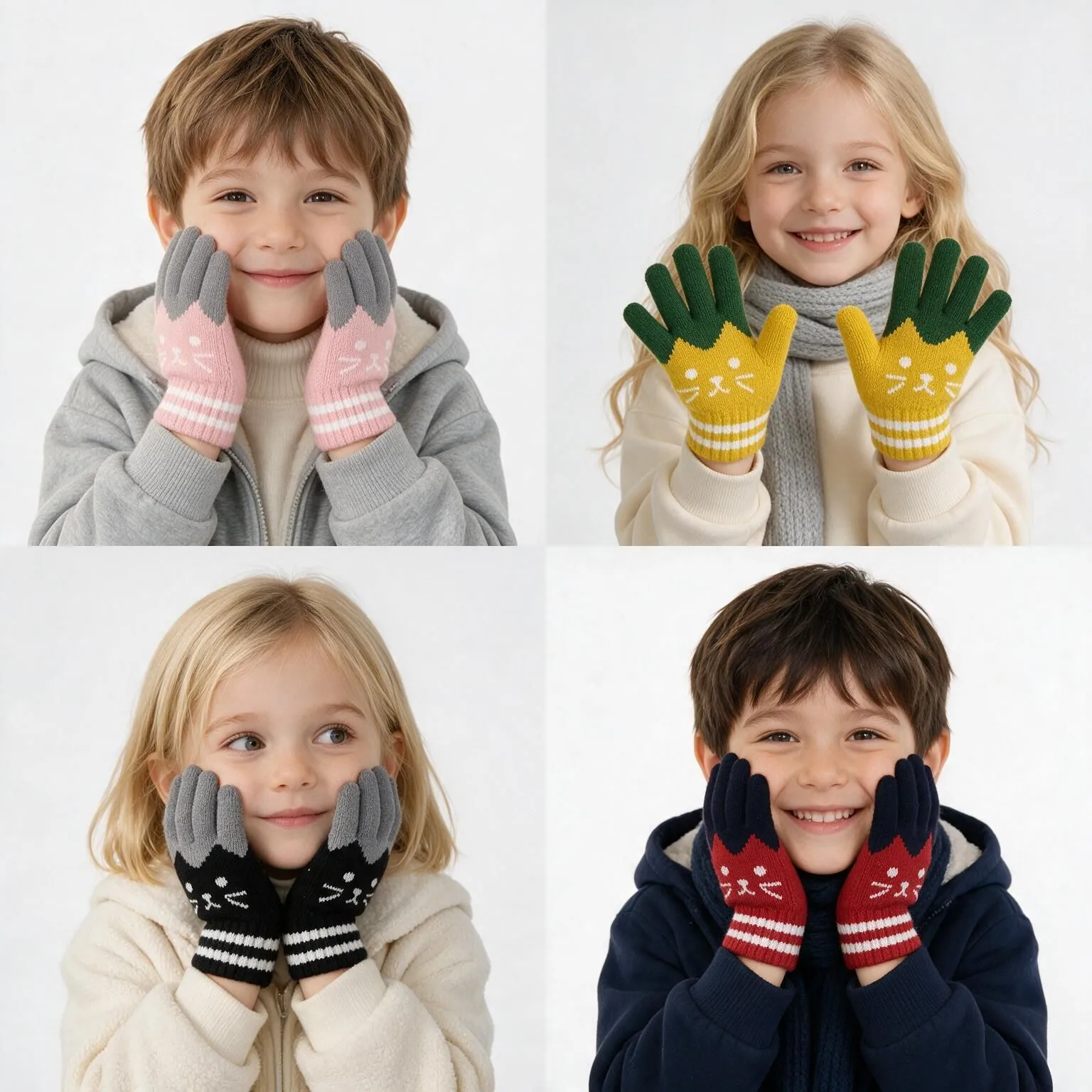 Kids Winter Warm Knit Gloves Cute Cartoon Cat Jacquard Fleeced Full Finger Magic Mittens For Boys Girls Everyday Outdoor Accessories