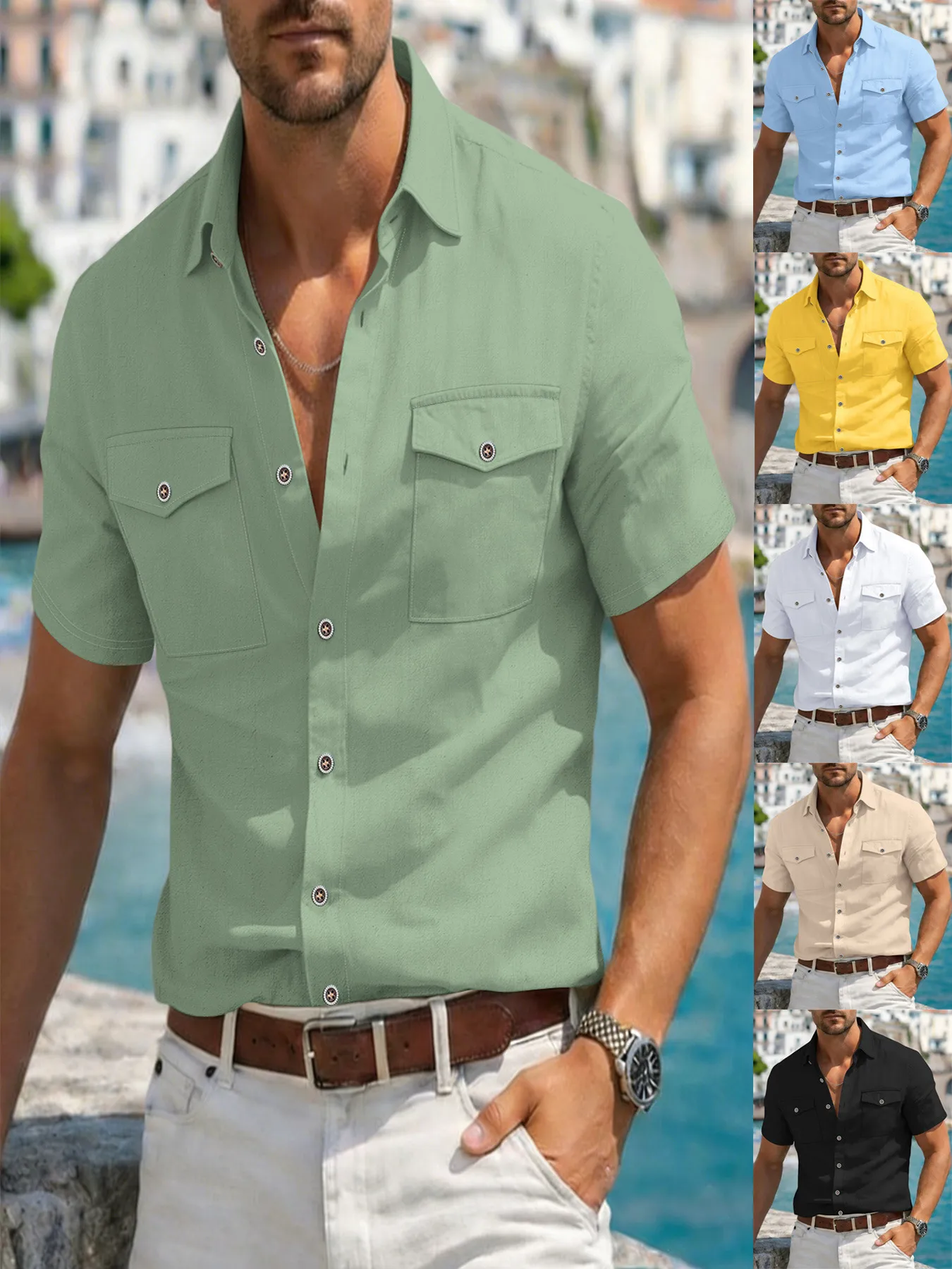 Men Summer Linen Short Sleeve Shirt Casual Button Down Workwear Top With Dual Pockets Breathable Solid Color Streetwear Shirt