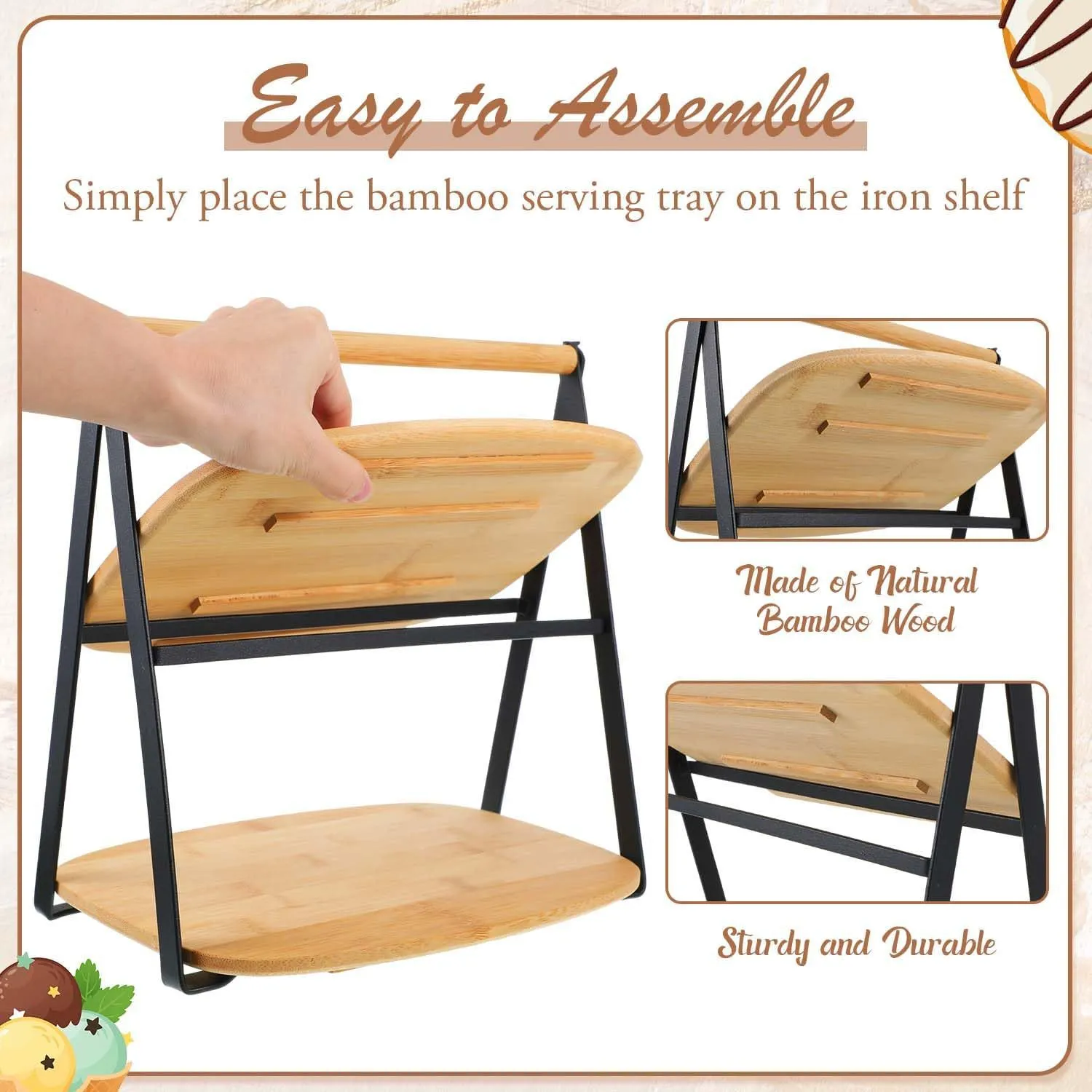 Wooden Tiered Pastry Stand 2 Tier Dessert Fruit Display Tray Tabletop Cupcake Stand for Kitchen Home Party
