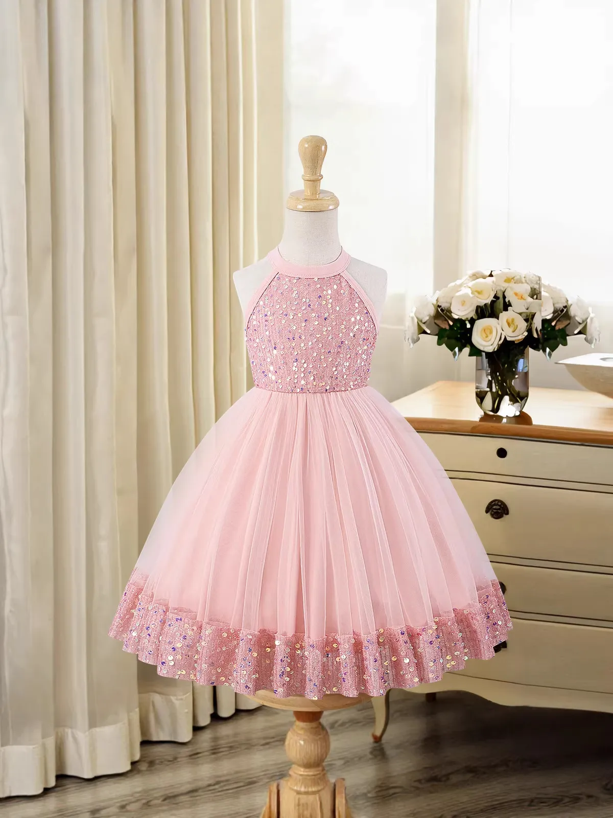 Abito da Bambina in Tulle Rosa con Paillettes Estivo Senza Maniche a Fascia Abito da Principessa per Compleanno Festa Matrimonio
