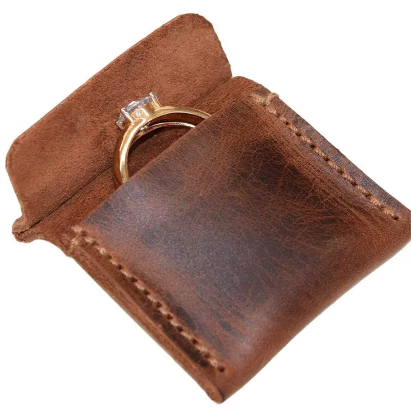Retro Genuine Cowhide Ring Bag Portable Wedding Ring Storage Bag Square Couple Ring Jewelry Pouch Organizer