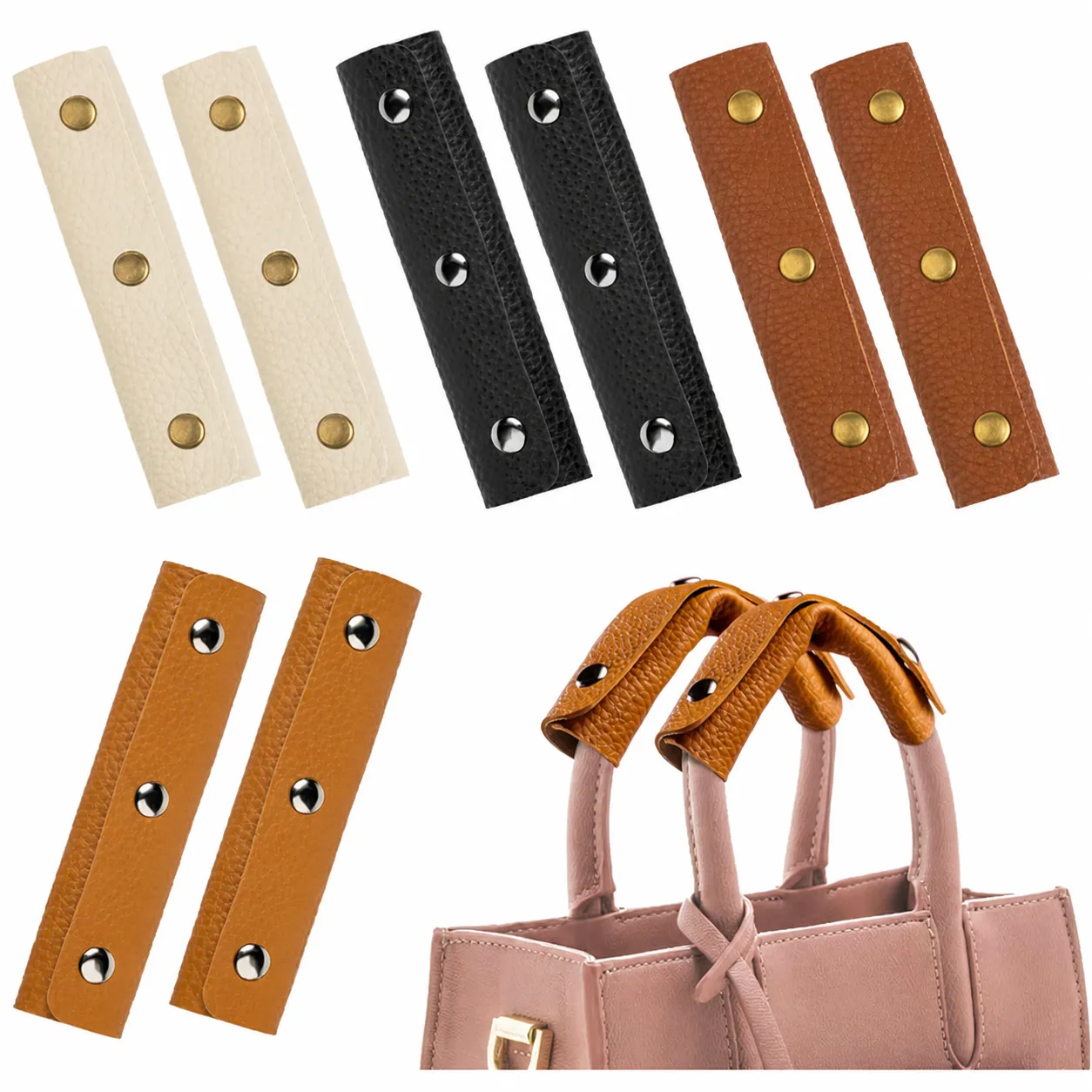 PU Leather Bag Handle Wrap Luggage Handle Protector Cover Replacement Handle with Metal Snaps for Travel Bags Handbags