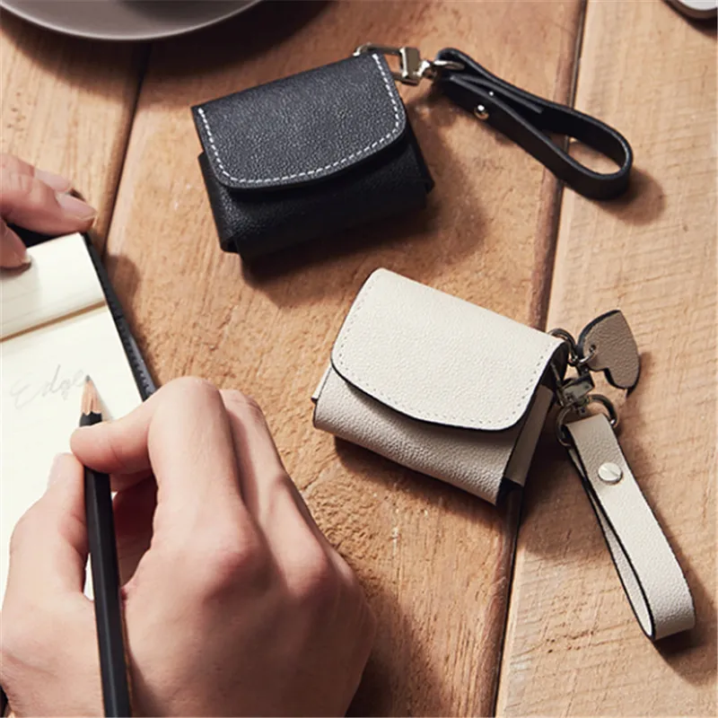 PU Leather Wireless Earphone Case Portable Bluetooth Headset Protective Pouch with Hand Strap Minimalist Solid Color Cover