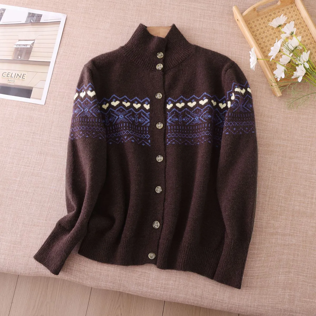 Women Retro Fair Isle Jacquard Cardigan Sweater Loose Round Neck Knitted Warm Top For Autumn Winter Chic Commute Jacket