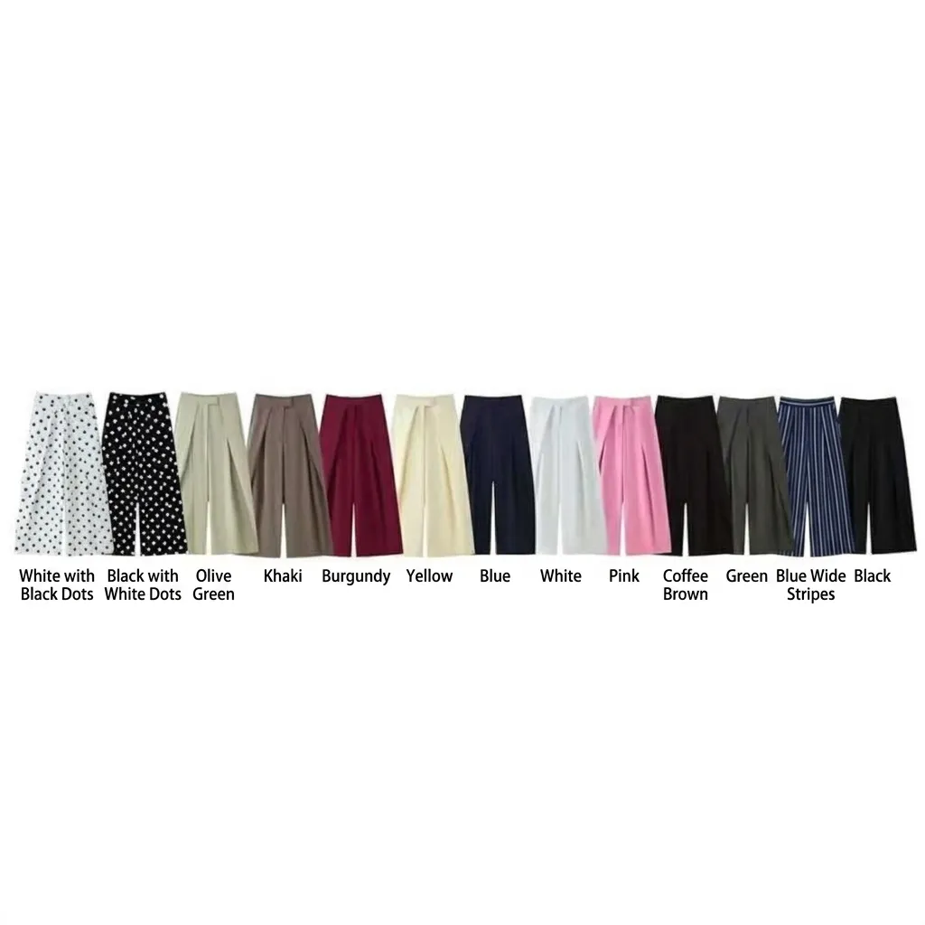 Pantalon Taille Haute Jambe Large Plissé pour Femmes Élégant Jambe Droite Décontracté Bureau Couleur Unie Rayures