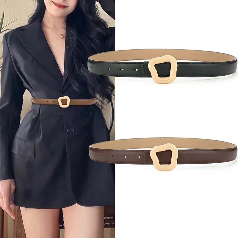 Damen Echtes Rindsleder Gürtel Minimalistischer Casual Hosenbürtel Mit Unregelmäßiger Metallschnalle Mode Kleid Accessoires