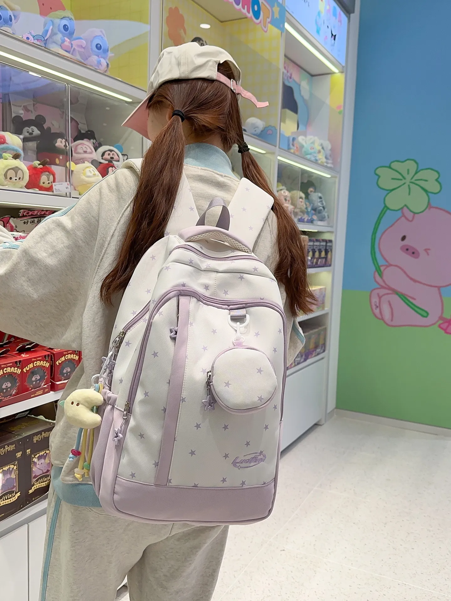 Stile Coreano Carino Stampa Stella Zaino Casual in Nylon Grande Capacità Zaino Scolastico per Studenti Con Ciondolo
