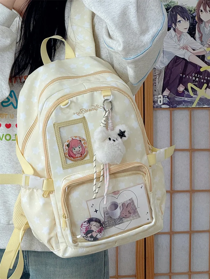 Japanese Ins Sweet Star Print Clear Transparent Window Backpack Casual School Daypack For Teen Girls