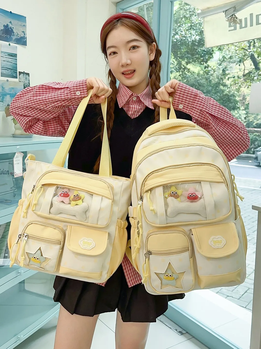 Sac à Dos en Toile à Pois Style Ins Japonais Sac Ita Transparent Joli Sac d'École d'Étudiant Sac de Loisirs à Poches Multiples