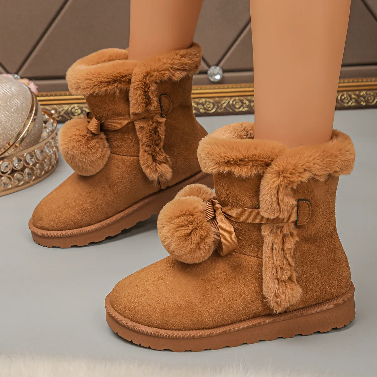 Women's Short Snow Boots Winter Warm Thickened Plush Bow Pom-Platform Cotton Shoes Casual Sweet Footwear