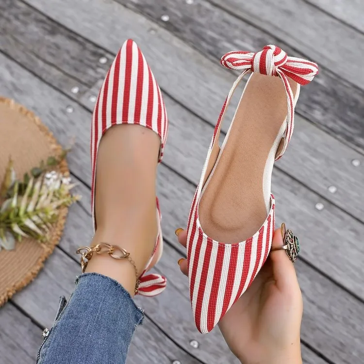 Women Red White Striped Pointed Toe Flat Shoes Casual Slingback Bow Rhinestone Summer Closed-Toe Sandals