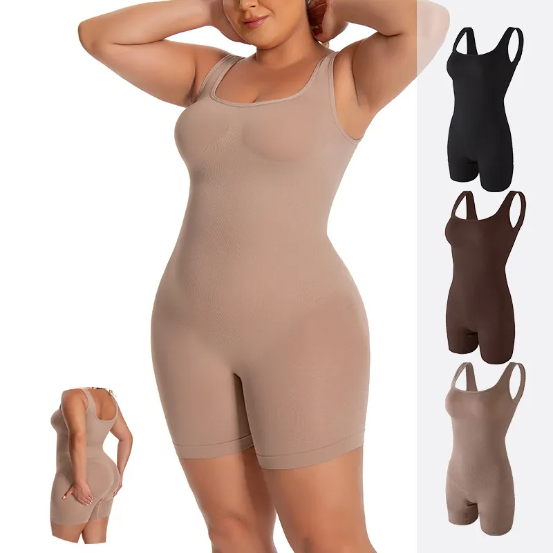 Women Seamless Shapewear Bodysuit Wide Straps Tummy Control Body Shaper U-Neck Athletic Yoga Slimming Jumpsuit Underwear Set