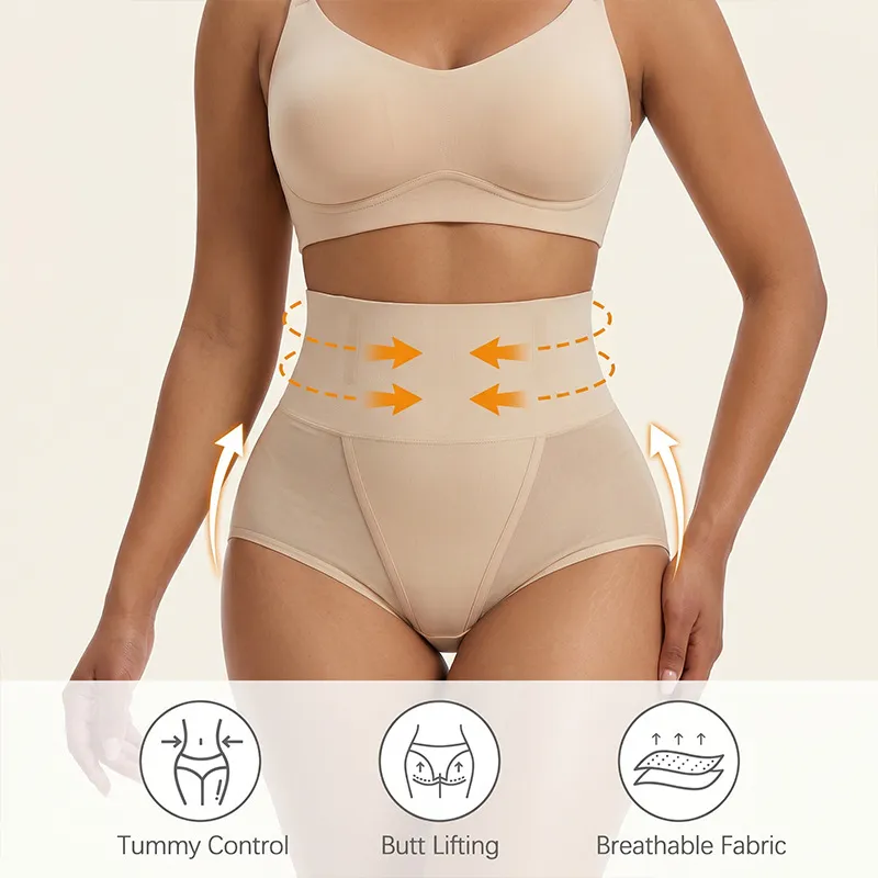 Women's High Waist Tummy Control Butt Lifting Shapewear Shorts Seamless Mesh Patchwork Postpartum Slimming Body Shaper Underwear