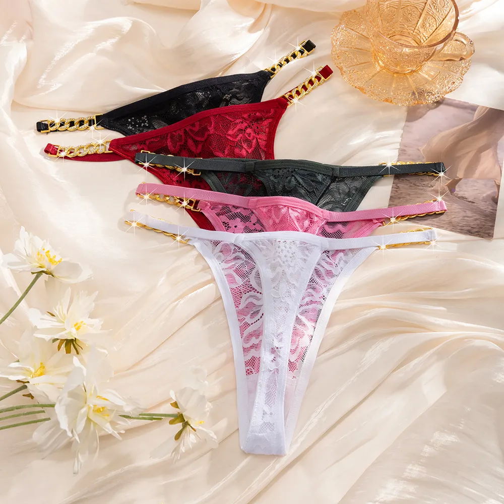 Sexy Kant T-Back Thong Voor Vrouwen Lage Taille Metalen Ketting Strass G-String Nylon Lingerie Exotische Ademende Onderbroek
