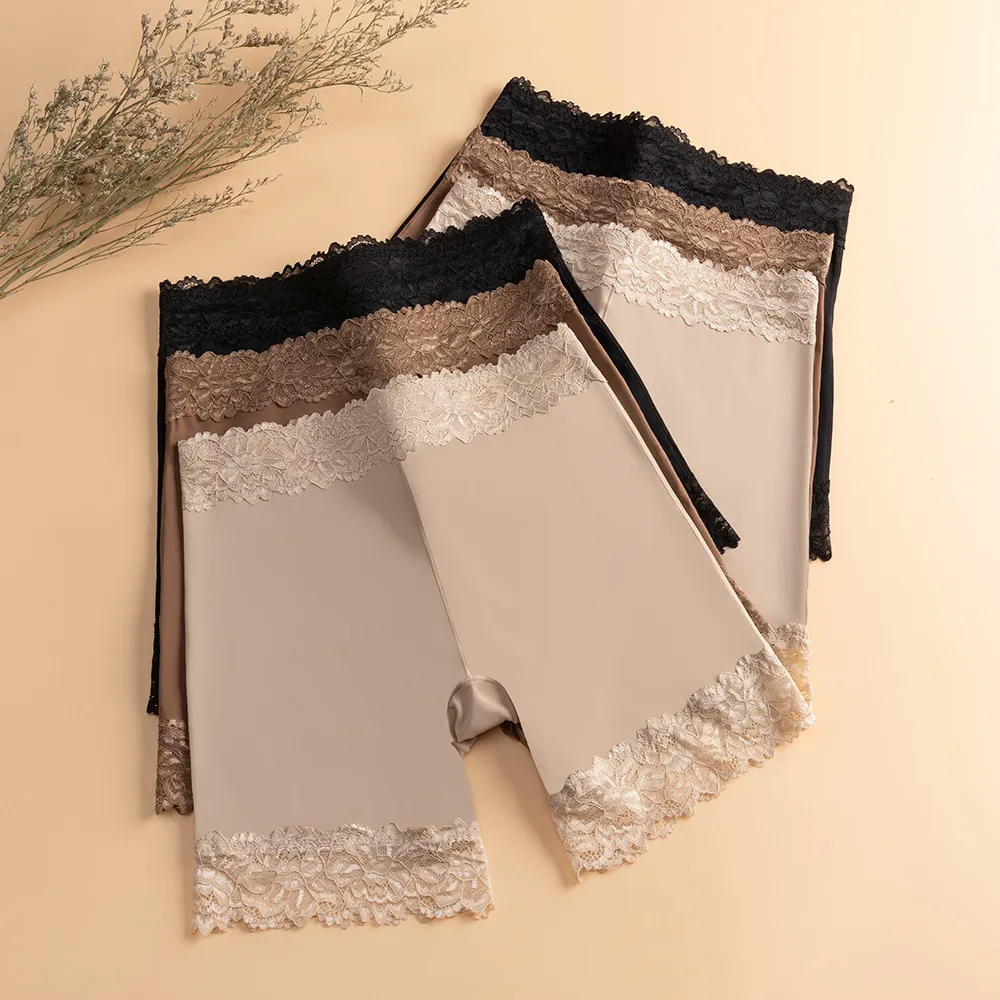 Pantalones de Seguridad de Cintura Alta para Mujer Encaje Calado Transpirable Anti-Rozaduras Faja Nylon Bragas Sin Costuras Sexy Deportivo Leggings Cortos