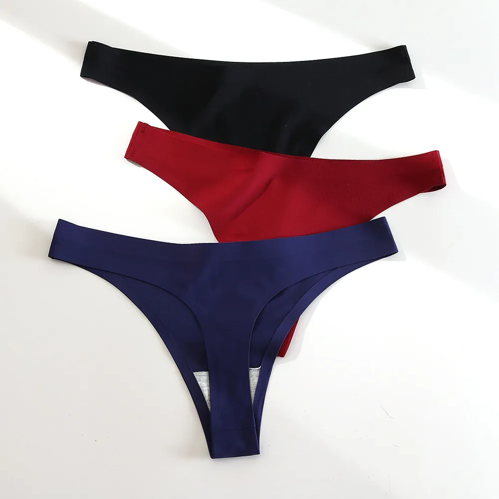 Women Seamless Ice Silk Thong Low Waist Breathable Solid Color T-back Sexy Lingerie Bottom For Daily Wear
